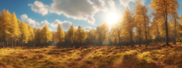 Panoramic Sunny Forest in Autumn