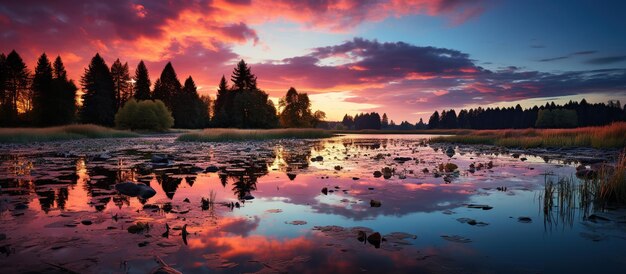 Photo panoramic sunrise over the lake