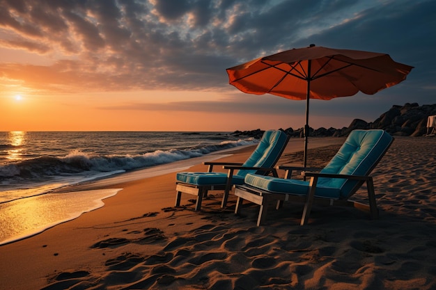 Panoramic sunset beachscape with loungers umbrella and vibrant summer sky