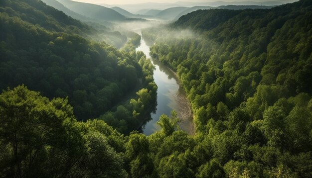 Panoramic sunset reflects beauty in tranquil mountain landscape high up generated by AI