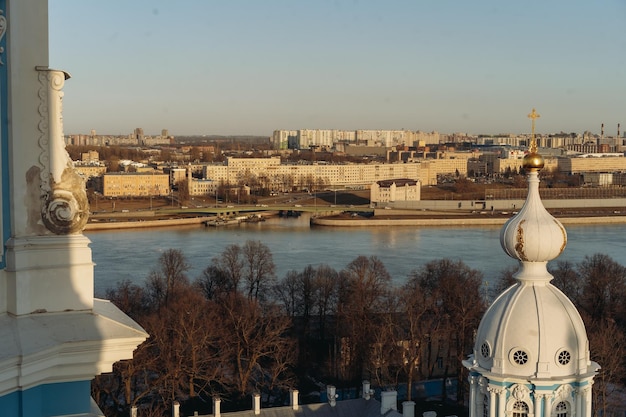 Panoramic top view of Saint petersburg from bell loft observation deck of Smolny cathedral