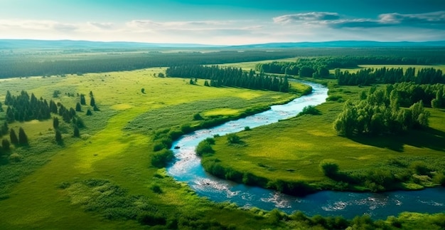 Panoramic top view of a winding river surrounded by dense forest and spacious fields with green grass AI generated image