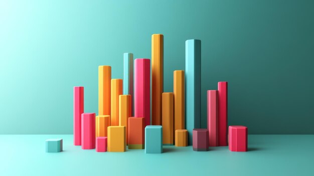 조직화되고 쉽게 읽을 수 있는 데이터 프레젠테이션을 위해 미니멀한 배경에 설정된 다양한 데이터 카테고리를 나타내는 여러 바를 가진 3D 바 차트의 파노라마 뷰