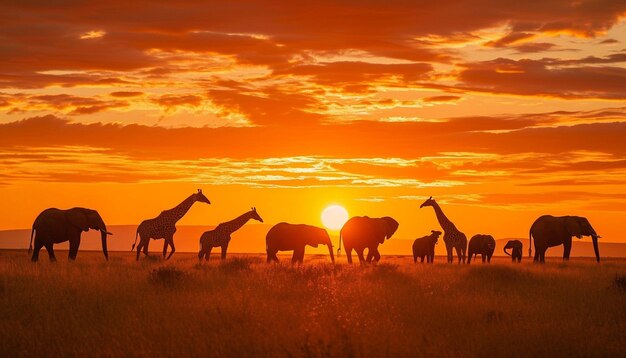 Панорамный вид на африканскую саванну во время захода солнца