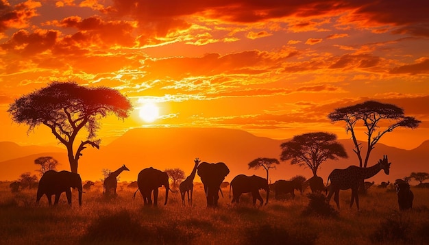 アフリカのサバンナのパノラマ景色 夕暮れ