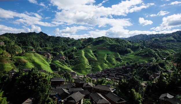 Panoramic view of agricultural landscape against sky