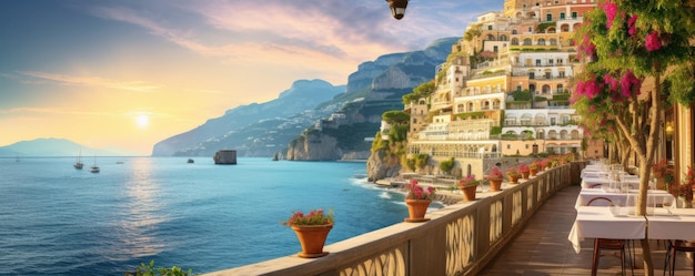 Photo panoramic view of amalfi coast on hills with flowers and sea campania italy generative ai