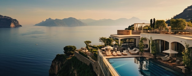 Foto vista panoramica della costa di amalfi su colline con fiori e mare campania italia generative ai