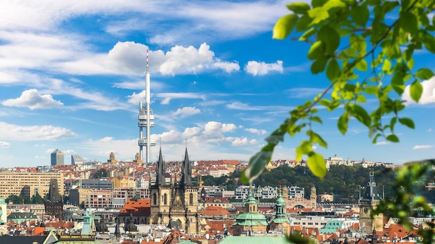 Panoramic view of ancient and modern buildings of Prague