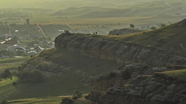 Panoramic view of the ancient mountains and suburbs of the resort town of Kislovodsk. Caucasus