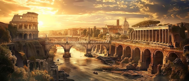 Panoramic view of Ancient Rome at sunset landscape of old city buildings river sun and sky in summer Concept of Roman Empire antique civilization travel background