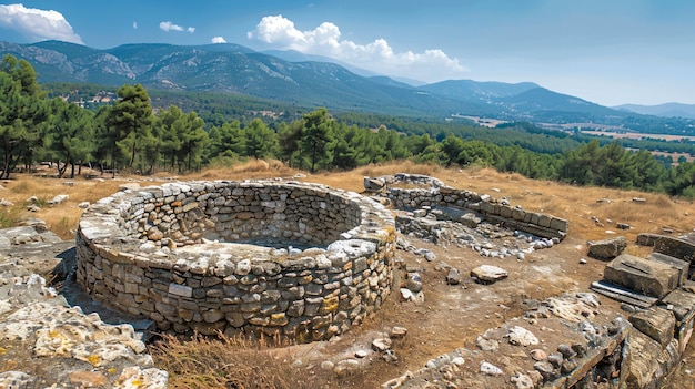 Photo panoramic view of ancient stone ruins in mediterranean mountain landscape under blue sky