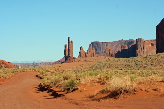 Panoramic view of arid landscape against clear sky