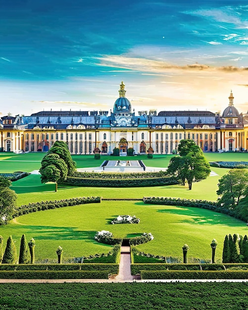 Panoramic view of aristocratic palace showing magnificent gardens architecture