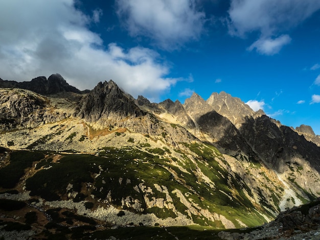 Panoramic view of the autumn mountains Green and yellow granite mountains against a clouds sky