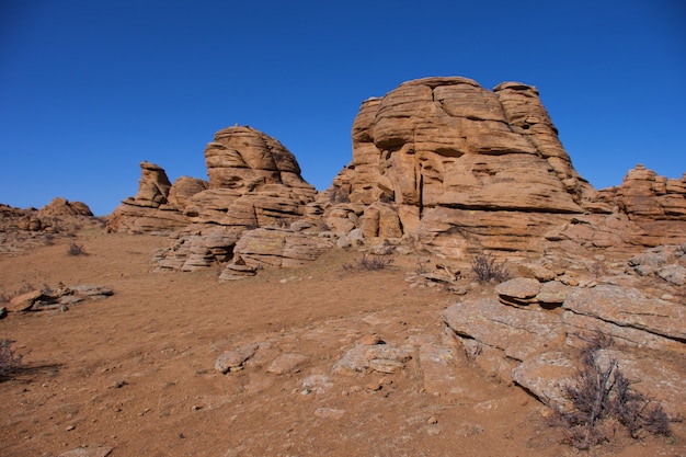 Panoramic view Baga Gazriin chuluu,Mongolian,Rock formation and stacked Stones at national park Mongolia