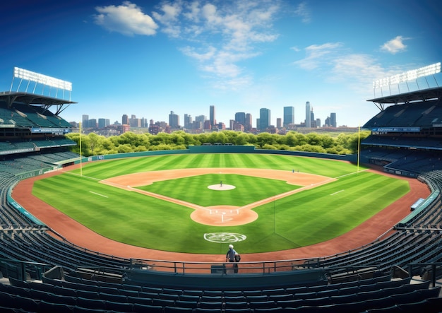 Photo a panoramic view of a baseball field during a sunny day game capturing the vibrant colors of the