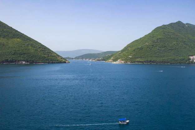 Panoramic view of bay of Kotor on the sunny day. Montenegro.