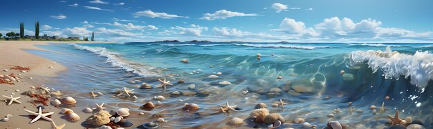 Foto vista panoramica della bellissima spiaggia con stelle marine e pietre