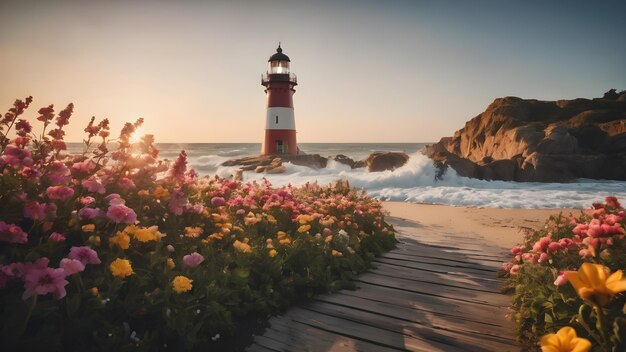 Panoramic view of a beautiful lighthouse with flowers by the ocean on a Bay with a beach AI generated image aixA