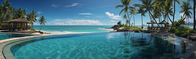 Panoramic view of beautiful tropical beach with palm trees and swimming pool