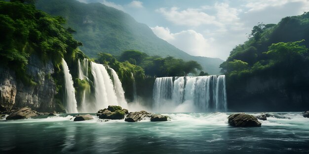 Panoramic view of beautiful waterfall in the forest Toned