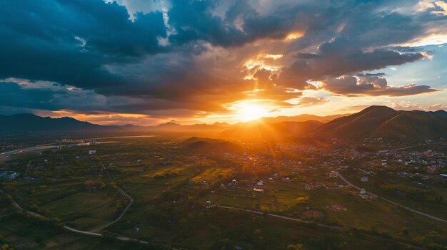 Photo panoramic view of beauty sunset behind the mountain ai generative