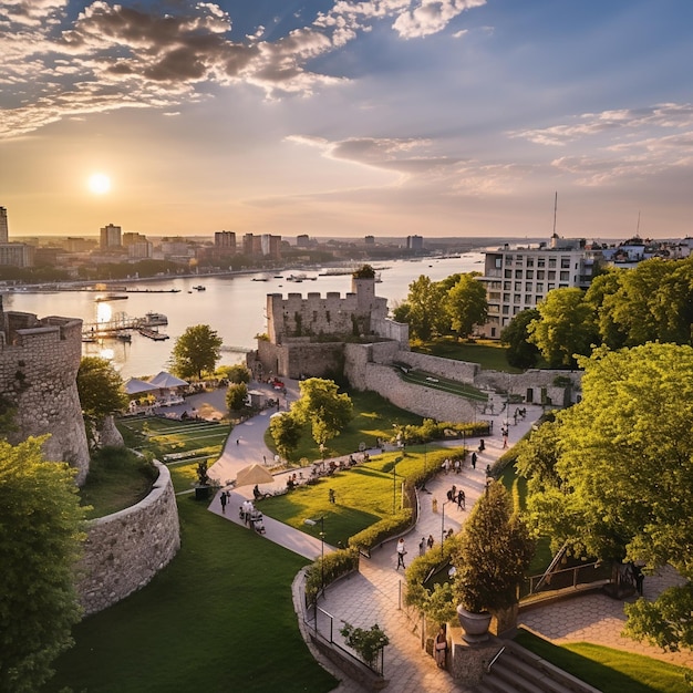 Panoramic view of Belgrade Fortress and Kalemegdan Park at sunset