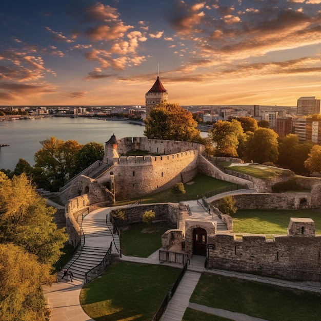 Panoramic view of Belgrade Fortress and Kalemegdan Park at sunset