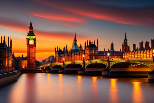 Panoramic view of big ben in london at sunset uk