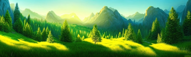 Panoramic view of big mountains beautiful green meadows with coniferous trees