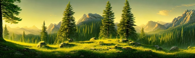 Panoramic view of big mountains beautiful green meadows with coniferous trees