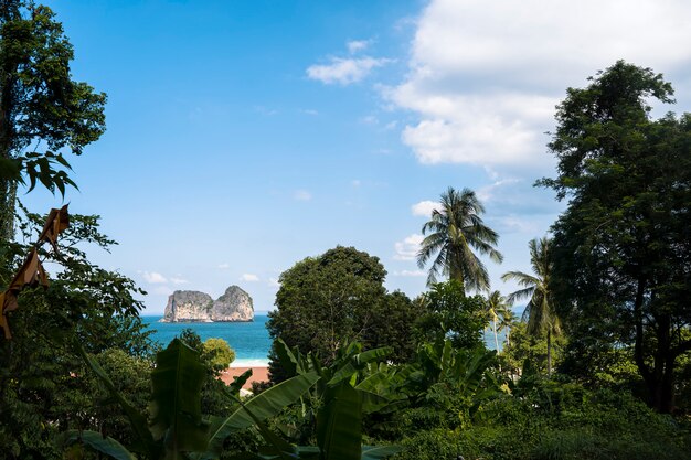 タイのアンダマン海のエキゾチックなビーチの青い景色のパノラマビュー。