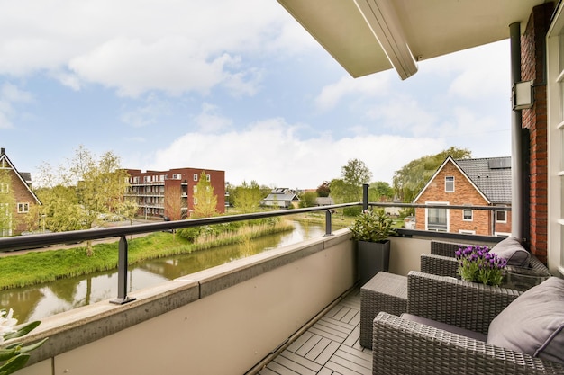 Panoramic view of brick buildings from balcony