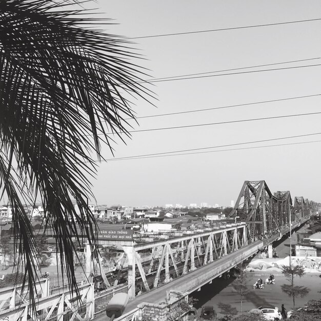 Panoramic view of bridge and city against clear sky