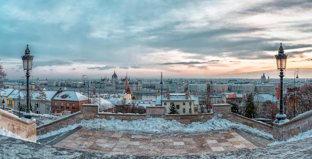 Panoramic view of Budapest city and Chain Bridge on a frosty snowy winter morning