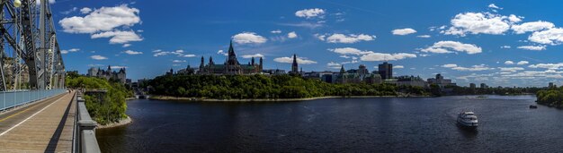 Panoramic view of buildings against cloudy sky