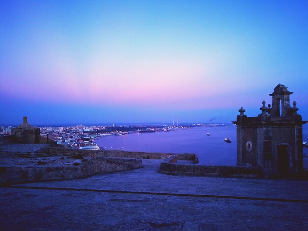 Panoramic view of buildings against sky at dusk