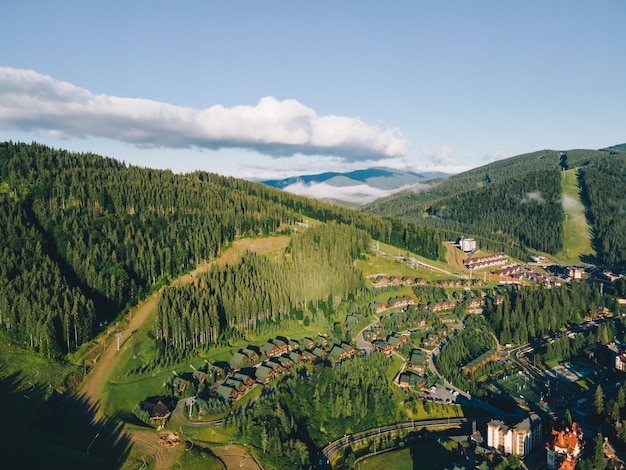 Panoramic view of bukovel in Ukrainian carpathian mountains. copy space