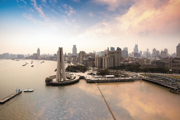 Panoramic view of the bund with huangpu river at dusk in shanghai