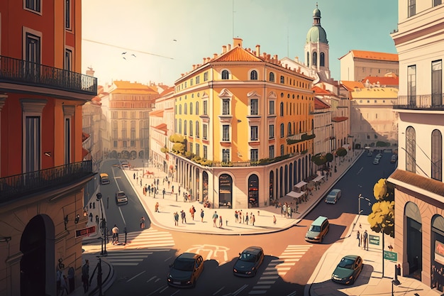 A panoramic view of the bustling streets of Lisbon Portugal