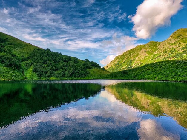 Panoramic view of calm surface of mountain lake at blue sky background with clouds