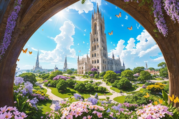 A panoramic view of a castle with flowers and butterflies flying around it