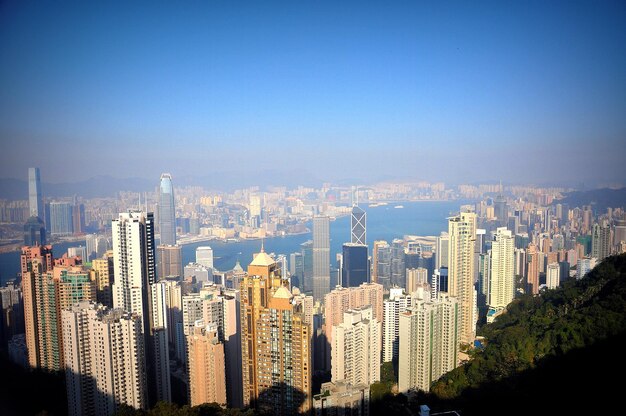 Panoramic view of city buildings against blue sky