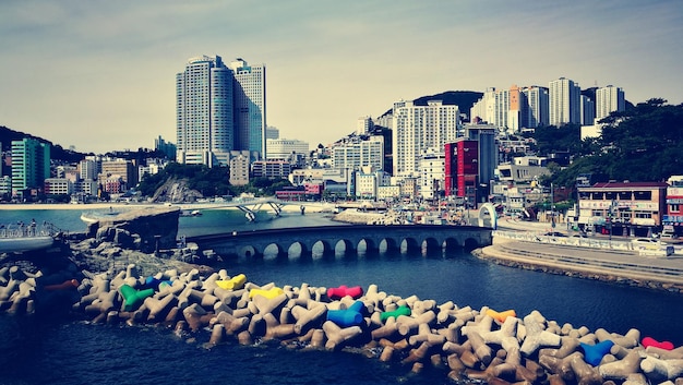 Panoramic view of city by river against sky