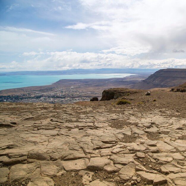 Panoramic view of the city of El Calafate and Lake Argentino Top view