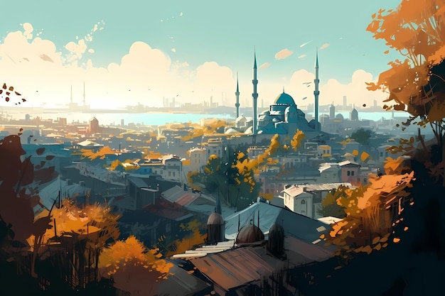 A panoramic view of the city of Istanbul digital art illustration