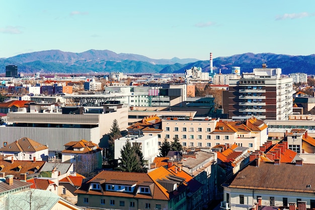 Panoramic view on the city of Ljubljana with mountains in Slovenia.