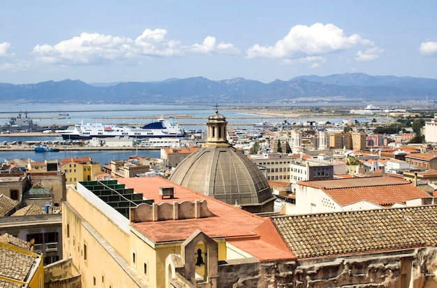 Panoramic view of the city and sea port on the summer day Cagliari Italy