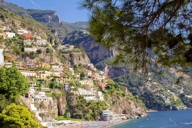 Panoramic view of the city and sea on the sunny day.Positano.Italy.